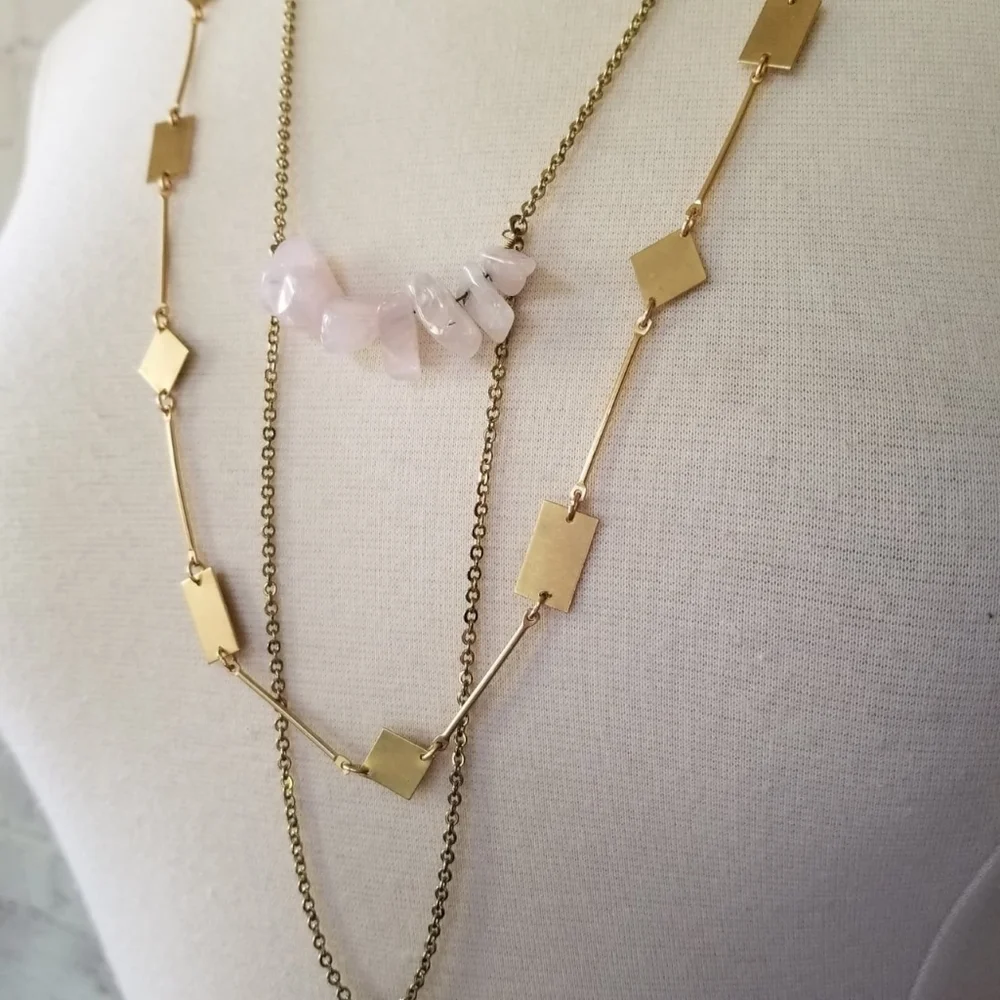 Rose Quartz Stones and Gold Cutout Shapes Layered Double Strand Chain Necklace